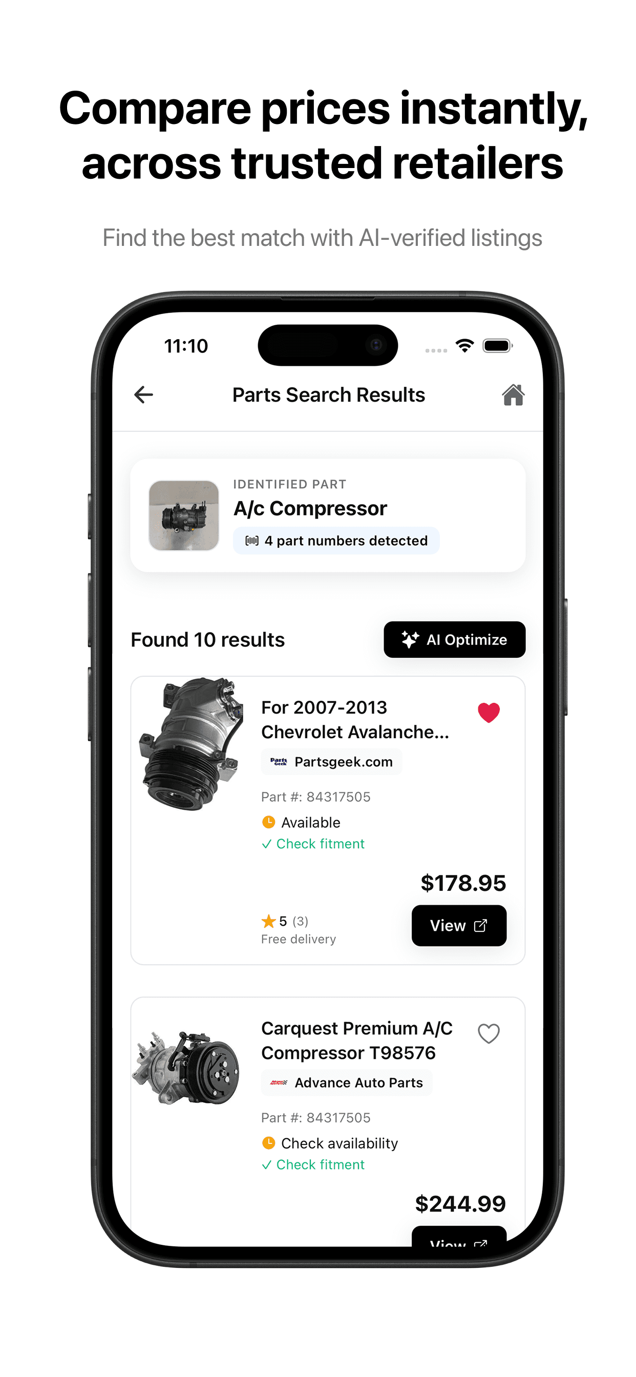 MechanicML parts listings screen
